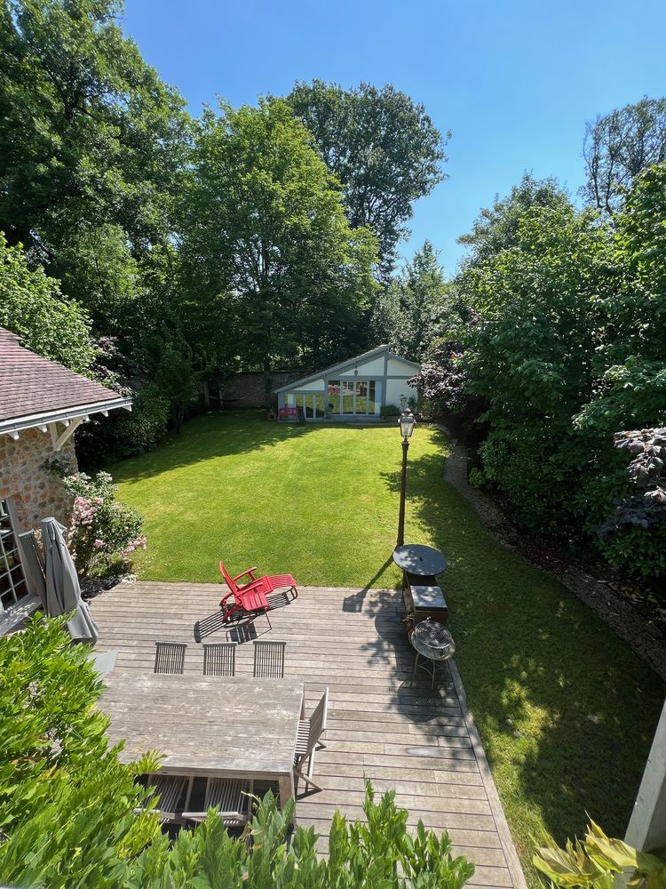 The terrace and lawn in summer, seen from above